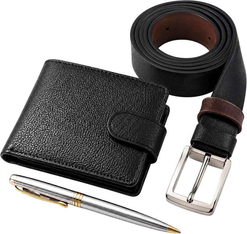 Kit Masculino 3 Peças com Cinto Dupla Face 130 cm, Carteira 100% Couro e Caneta com Estojo Acrílico – Presente Masculino