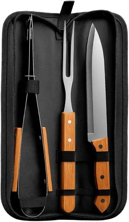 Kit Churrasco 3 Peças em Aço Inoxidável com Estojo Portátil