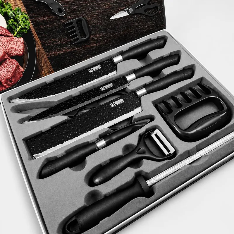 Kit Churrasco 8 Peças Facas Aço Inox Antiaderente com Estojo – Preto