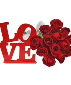 Buquê de 12 Rosas Vermelhas e Placa Love